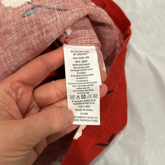 SEASALT CORNWALL 100% Linen Tunic Dress with Ree and White floral pattern Size 6 - Picture 4 of 8